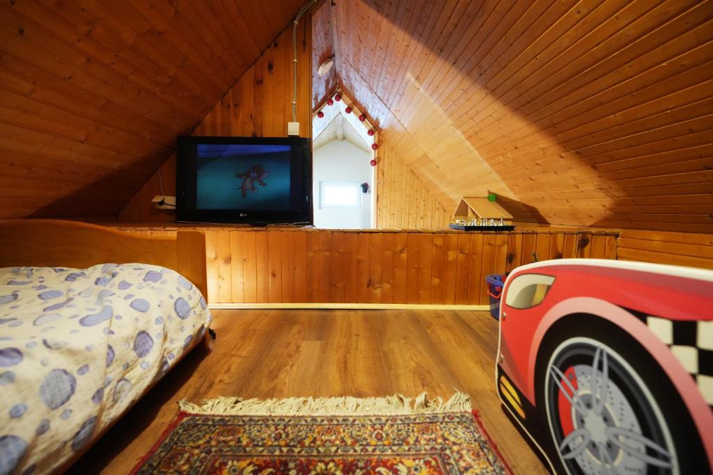 a bedroom with a bed and a flat screen tv at Mladenović Kuća in Kopaonik