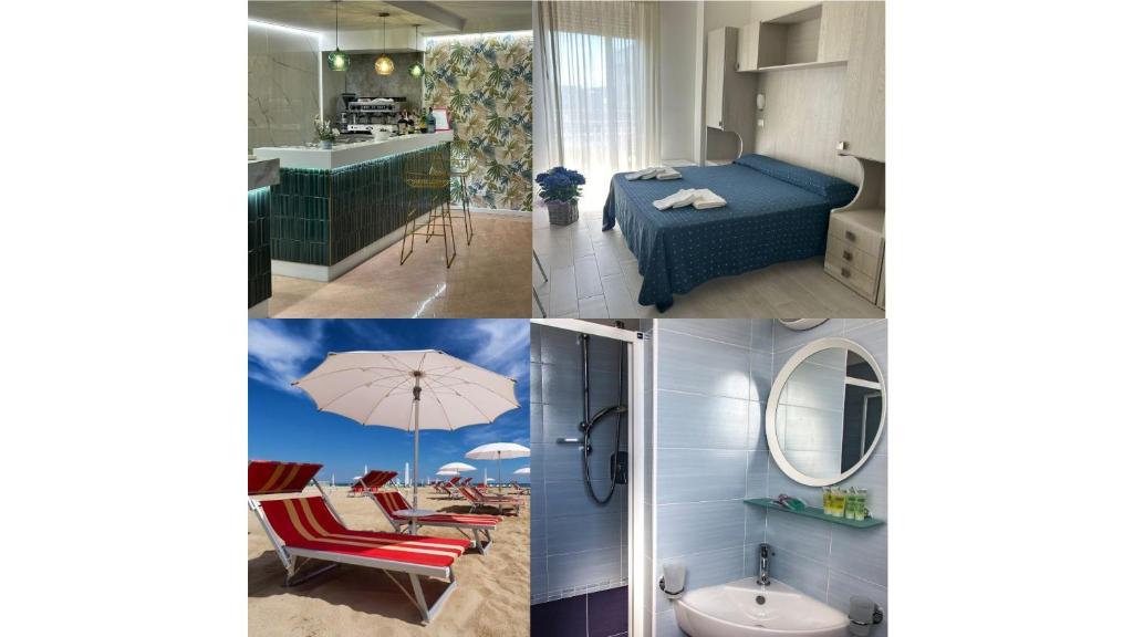 een collage van foto's van een badkamer en een slaapkamer bij Hotel Concorde in Bellaria-Igea Marina