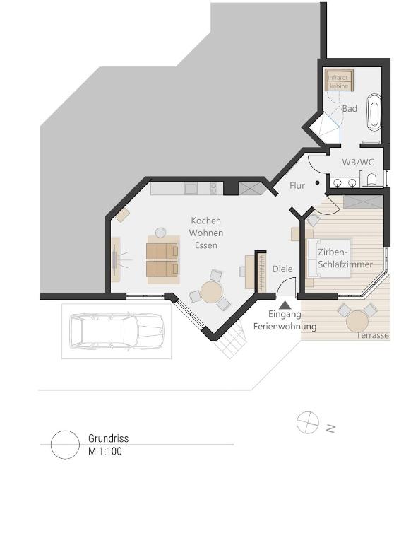 Grundriss der Unterkunft Luxus Chalet im Allgäu - Zirbenholz Schlafzimmer - Terrasse mit Bergblick - Infrarotkabine