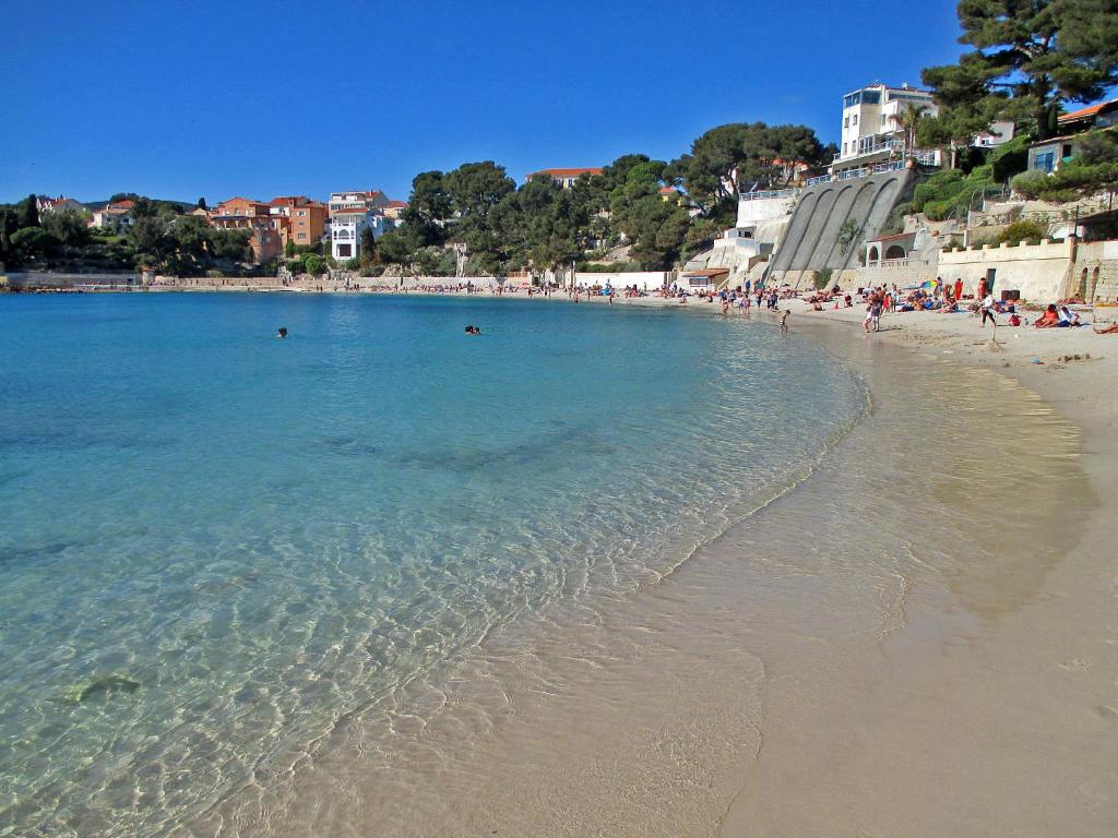 une plage avec un groupe de personnes nageant dans l'eau dans l'établissement T3 Bandol, à Bandol