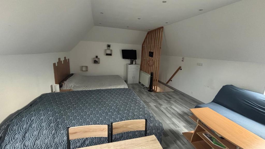 ein Schlafzimmer mit großem Bett und Fernseher in der Unterkunft Appartement cosy + accès jardin et salle de muscu in Mardié