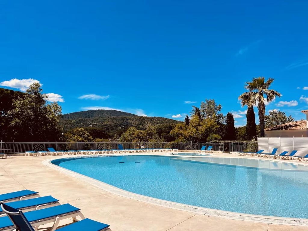une grande piscine avec chaises et palmiers dans l'établissement Le ciel, le soleil et la mer !, à Sainte-Maxime