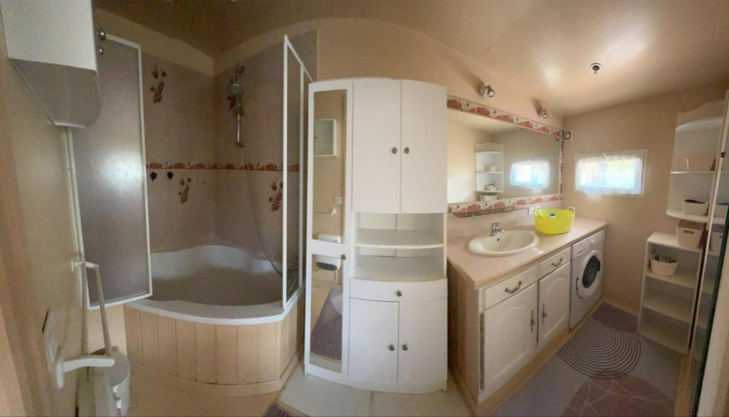 une salle de bain avec douche et lavabo dans l'établissement Maison, à La Celle-sous-Gouzon