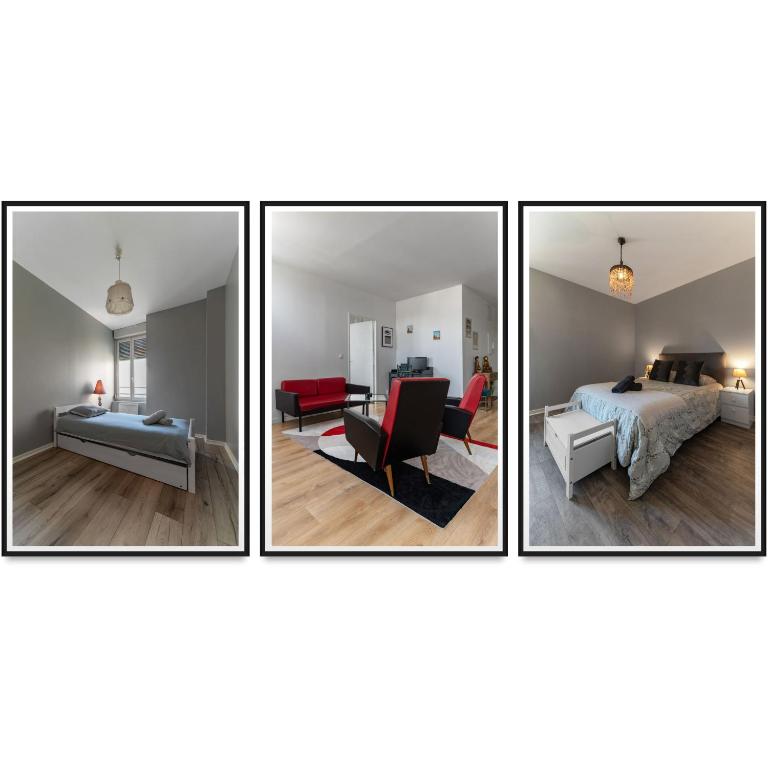 4 photos d'une chambre et d'un salon dans l'établissement L'Aromate - Grand Appartement Centre Ville, à Vichy