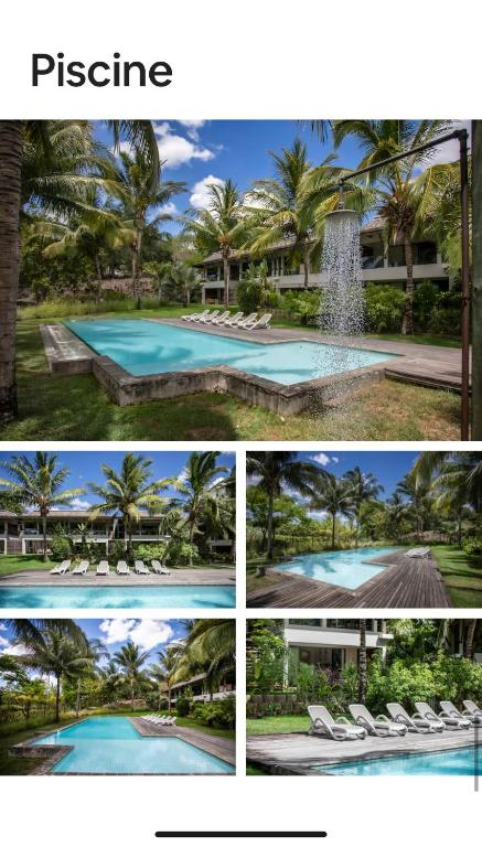 a collage of four pictures of a swimming pool at Le Gouzou in Tamarin