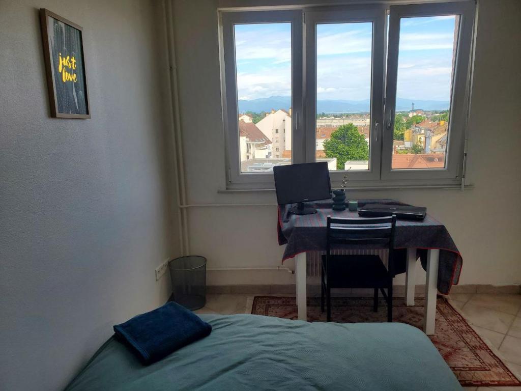 a bedroom with a desk and a bed and a window at Green room in Mulhouse
