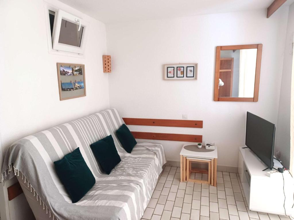 salon z kanapą i telewizorem w obiekcie Studio cabine cosy avec piscine, proche Aqualand et plage, parking disponible, terrasse privative - FR-1-607-159 w Cap d'Agde