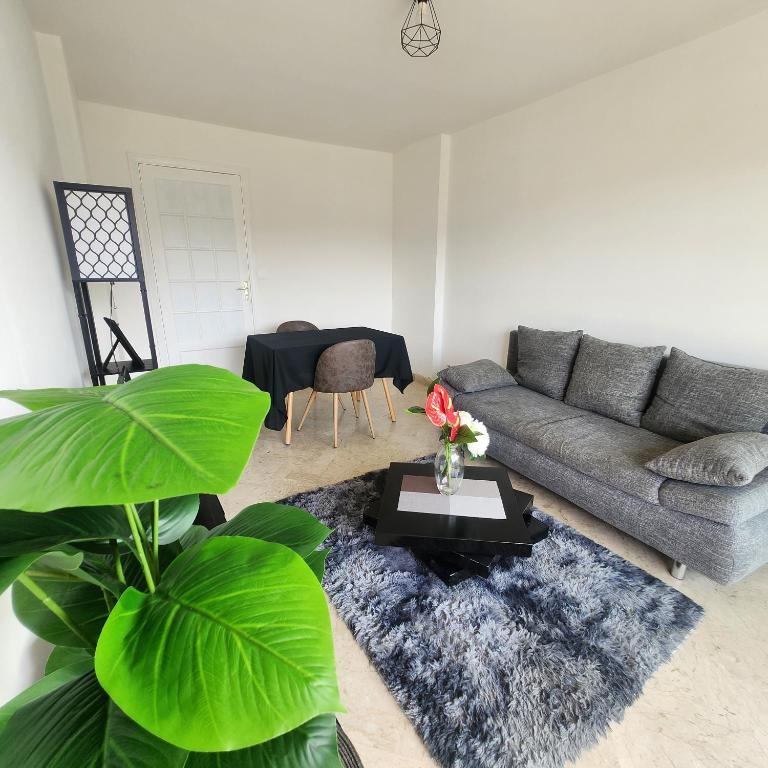 un salon avec un canapé et une table dans l'établissement Nice Centre - Plage, promenade des anglais, resto, vieille ville , tram tout à pied !, à Nice