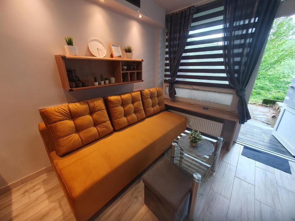a brown leather couch in a living room with a window at Barbara 12 in Ustroń