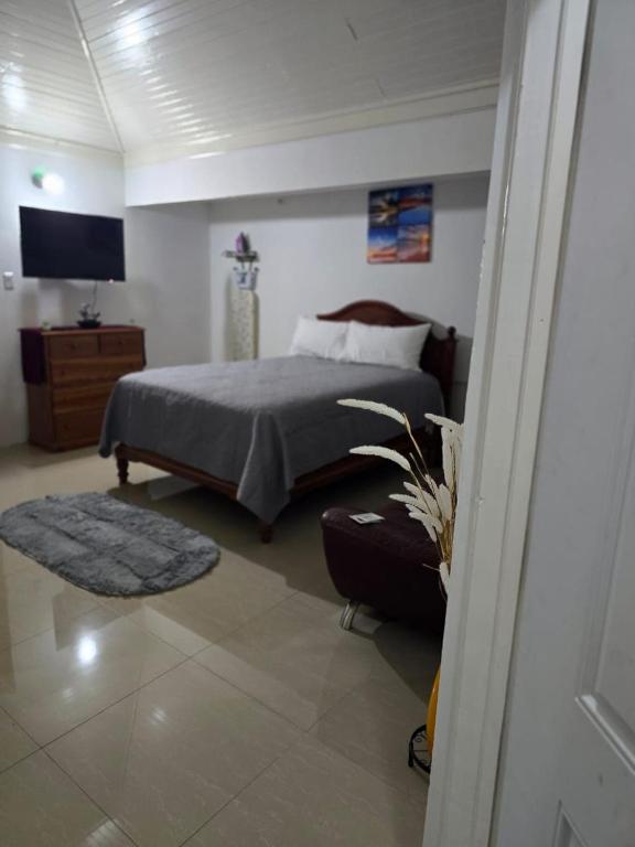 a bedroom with a bed and a television in it at Sunset 22 by the Airport Apt#6 in Montego Bay