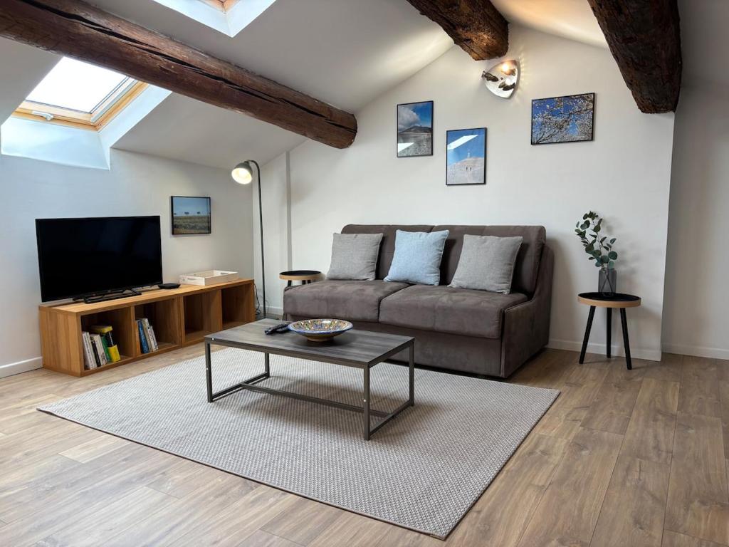 un salon avec un canapé et une table basse dans l'établissement Air-conditioned apartment, à Avignon