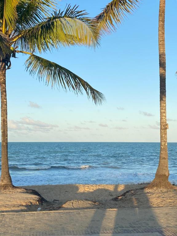 two palm trees on a beach with the ocean at Lofts Paraíso de Alcobaça in Alcobaça
