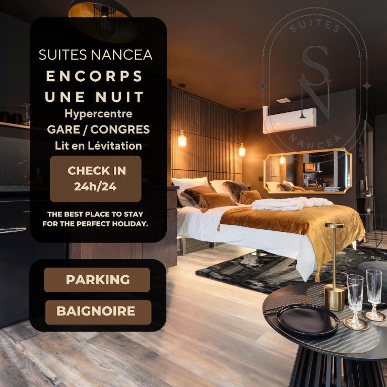 une chambre avec deux lits et un panneau indiquant pricedupunctureupuncturenance nuturance dans l'établissement Encorps une Nuit, Jacuzzi, Nancy Centre Gare Congrès, PARKING, à Nancy