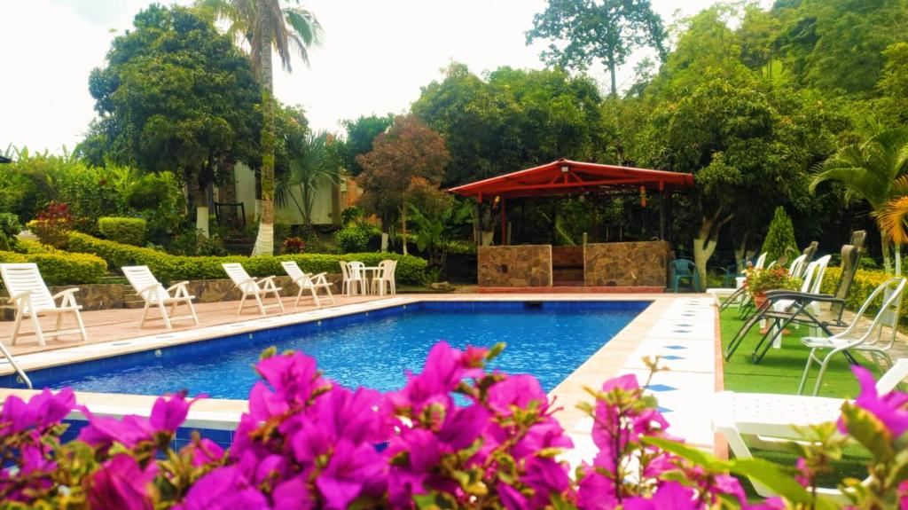 a pool with chairs and a gazebo and purple flowers at Finca Bellavista Villeta in Villeta