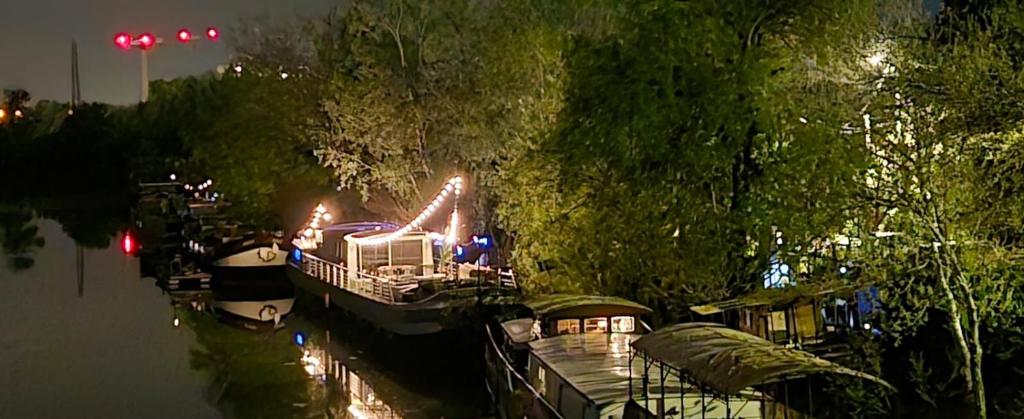 a boat is docked on a river at night at L'Arlésienne in Arles