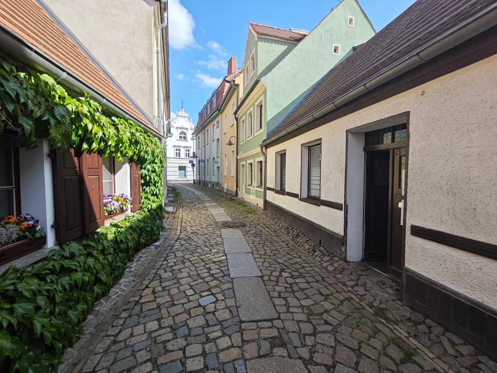 an empty street in a town with buildings at Ferienwohnung im Herzen des Lausitzer Seenlandes in Hoyerswerda