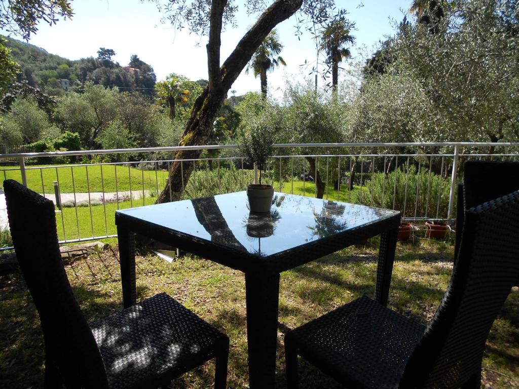 a table with two chairs and a plant on it at Albergo Blueline in Tellaro