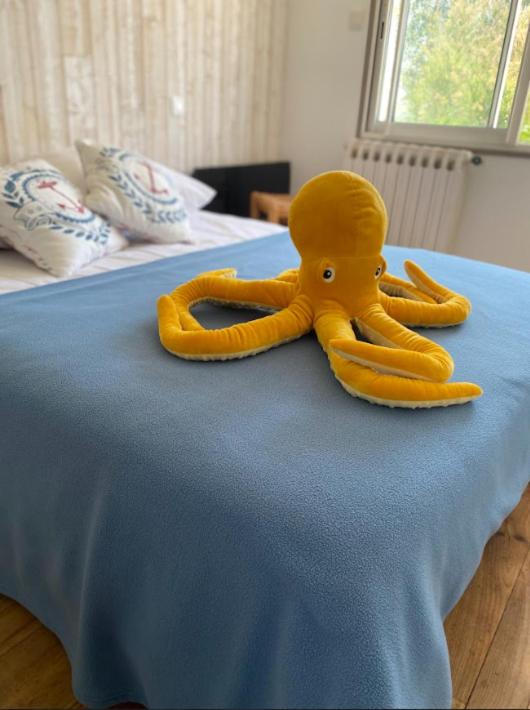une pieuvre jaune posée sur un lit dans l'établissement Brise des dunes, à Saint-Pierre-dʼOléron