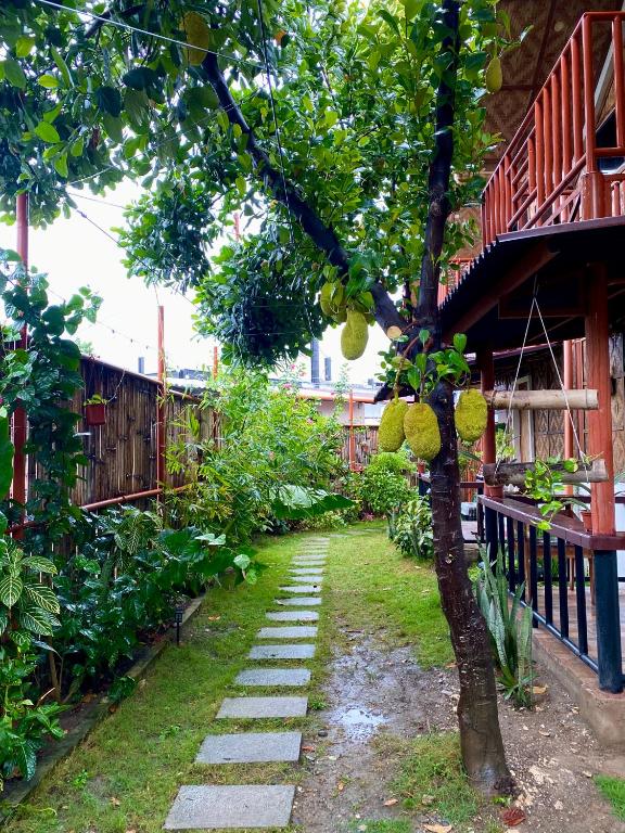 a garden with a tree and a walkway at Moalboal Panagsama beach TopBudz Hostel in Moalboal