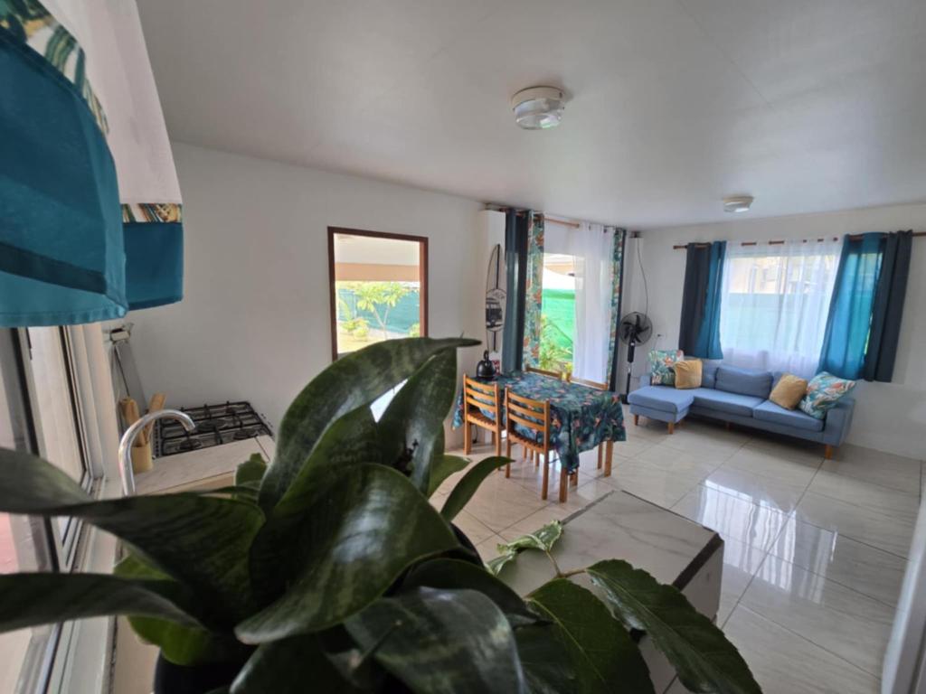 een woonkamer met een bank en een plant bij Te Anuanua Lodge in Avatoru