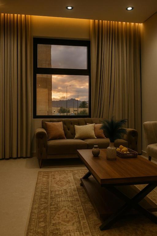 a living room with a couch and a window at شقه غرفتين وصاله بشرفه in Al-ʿUla