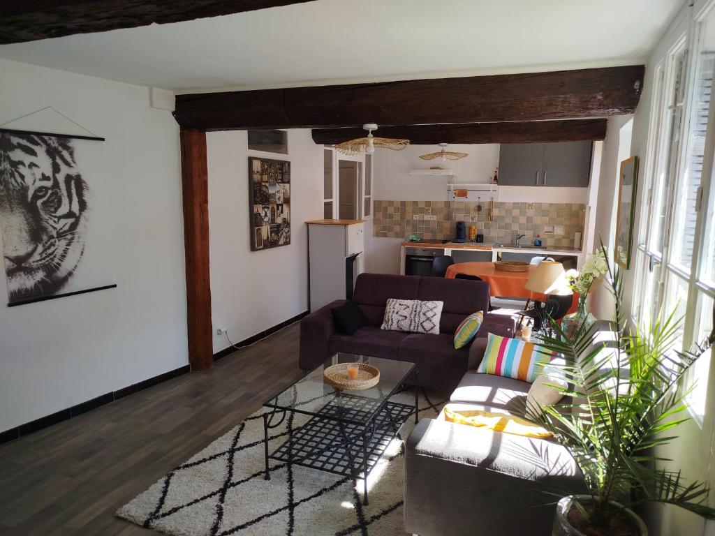 un salon avec un canapé et une cuisine dans l'établissement Appartement T3 2 chambres plein centre ville, à Arles