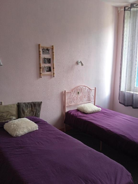 - 2 lits dans une chambre avec des draps violets dans l'établissement chez l'habitant, à Lavelanet