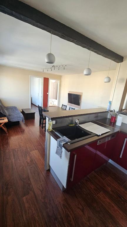 une cuisine avec un évier et un salon dans l'établissement Centre ville Concarneau, à Concarneau