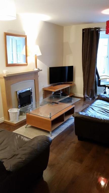 a living room with a tv and a fireplace at Livingston Ideal commuter House in Livingston