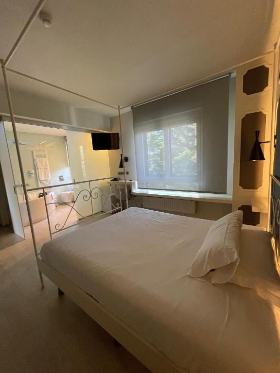 Un dormitorio con una cama grande y una ventana. en Hotel Confort BRASEROS, en Burgos