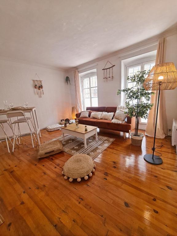 un salon avec un canapé et une table dans l'établissement La Farandole, Spacieux T3 centre historique, à Avignon