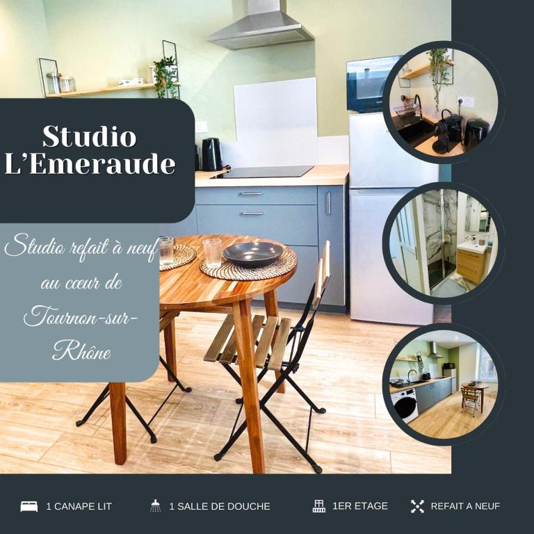 een collage van foto's van een keuken met een tafel bij Studio L'Émeraude in Tournon-sur-Rhône
