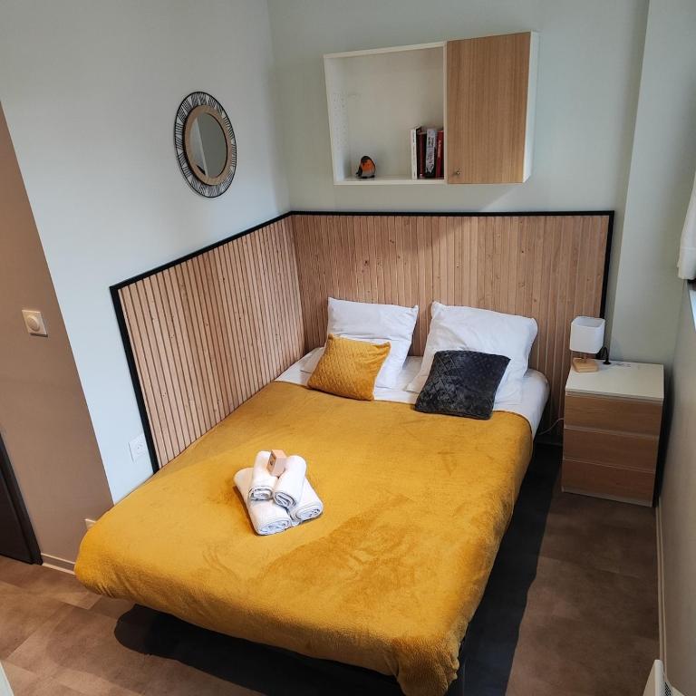 une personne dormant sur un lit dans une pièce dans l'établissement Studio 74 Rénové et Équipé - Nancy CHRU,CESI,FAC, à Vandœuvre-lès-Nancy