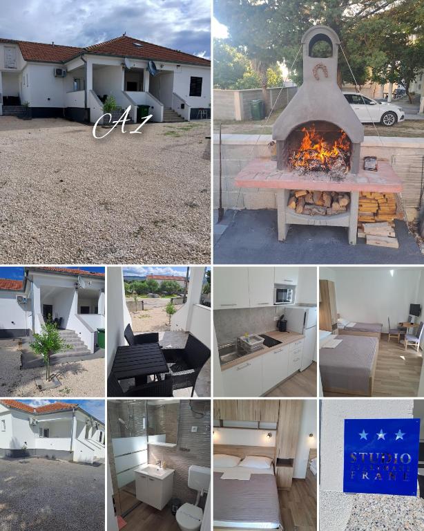 a collage of photos with a fire pit and a house at Apartmani Frane in Seline