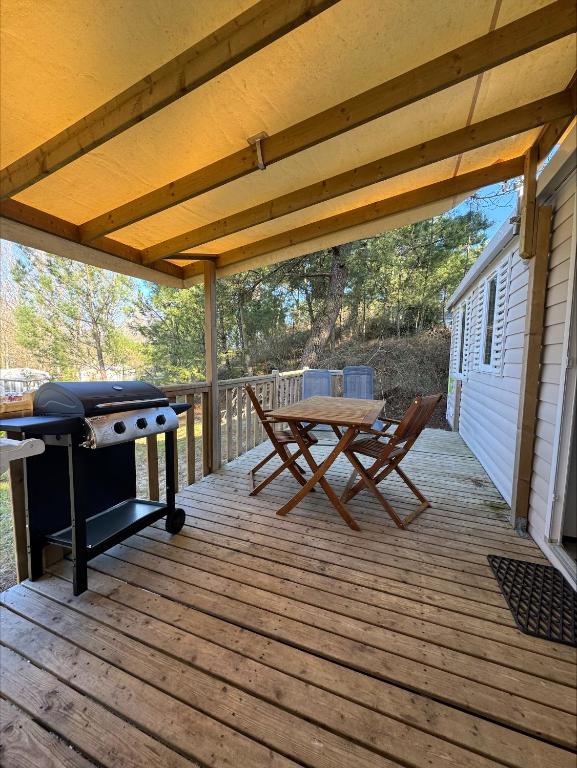 - une terrasse couverte avec barbecue et table de pique-nique dans l'établissement Au coeur de la pinède, à Camiers