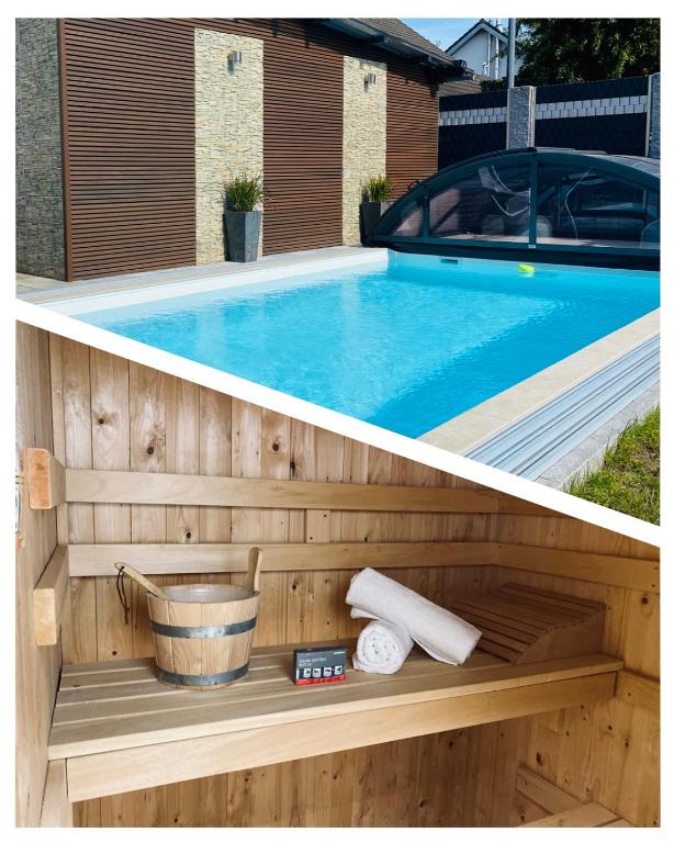 two pictures of a swimming pool with a basket and towels at Time4you am Bodensee mit Pool Sauna Kamin in Radolfzell am Bodensee