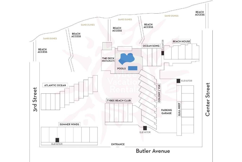 a floor plan of the buffer arena at Tybee Beach Club 136 in Tybee Island