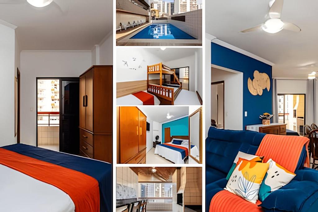 En eller flere senge i et værelse på Vila Tupi-Praia Grande , 100 metros da praia, 2 quartos com ar condicionado ,sendo uma suíte, Piscina , varanda com churrasqueira, garagem , Wi-Fi