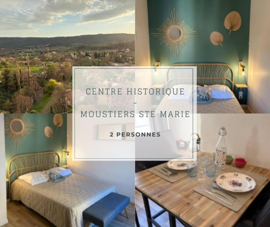 a collage of pictures of a dining room with a table at Coeur de Moustiers pour 2 personnes in Moustiers-Sainte-Marie