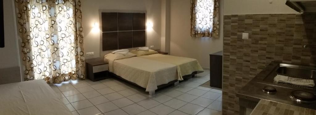 1 dormitorio con 1 cama y lavamanos en una habitación en Pallada Hotel en Agia Galini