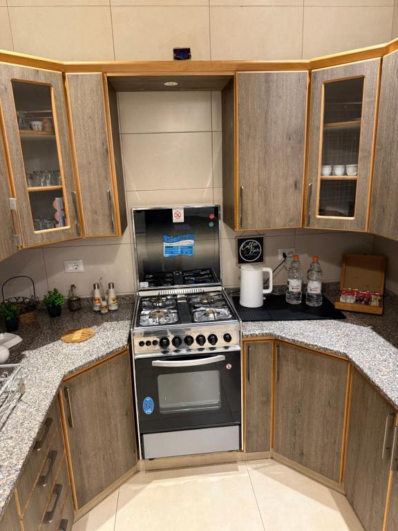 a kitchen with a stove and some cabinets at Oak Farm مزرعة البلوط in Ajloun