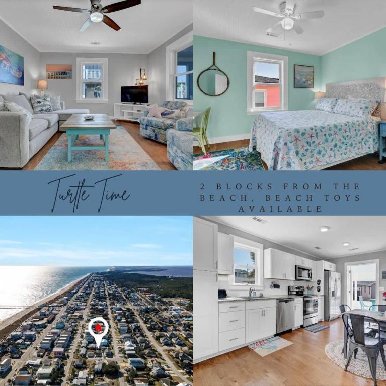 a collage of three pictures of a living room at Turtle Time- Charming 3BR Getaway Near Kure Beach in Kure Beach