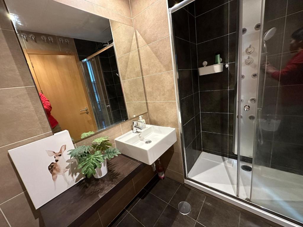 ein Bad mit einem Waschbecken, einer Dusche und einem Waschbecken in der Unterkunft Modern apartment Near city center, Airport, Metro in Madrid