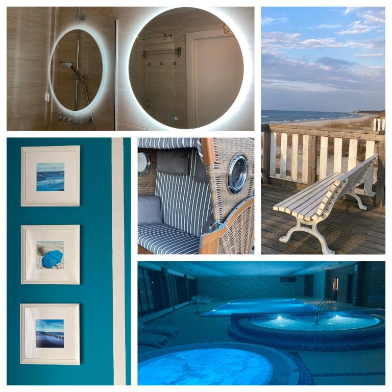 a collage of pictures with a pool and a beach at ParaSOL - Baltic Relax - Pool, Jacuzzi, Sauna in Dziwnów