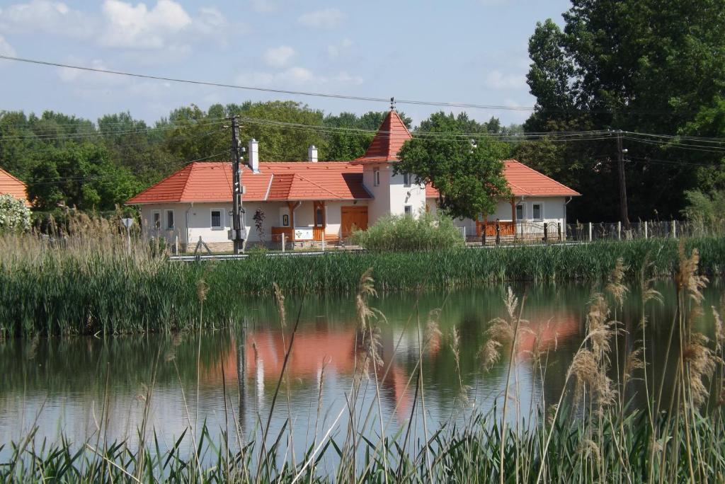 une maison avec des toits rouges à côté d'une nappe d'eau dans l'établissement Nagybajcsi Körtefa Vendégház, à Nagybajcs