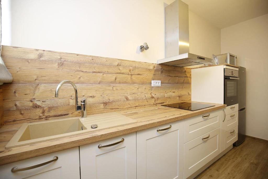 a kitchen with a sink and a wooden wall at Downtown Accommodation 2BR in Zadar