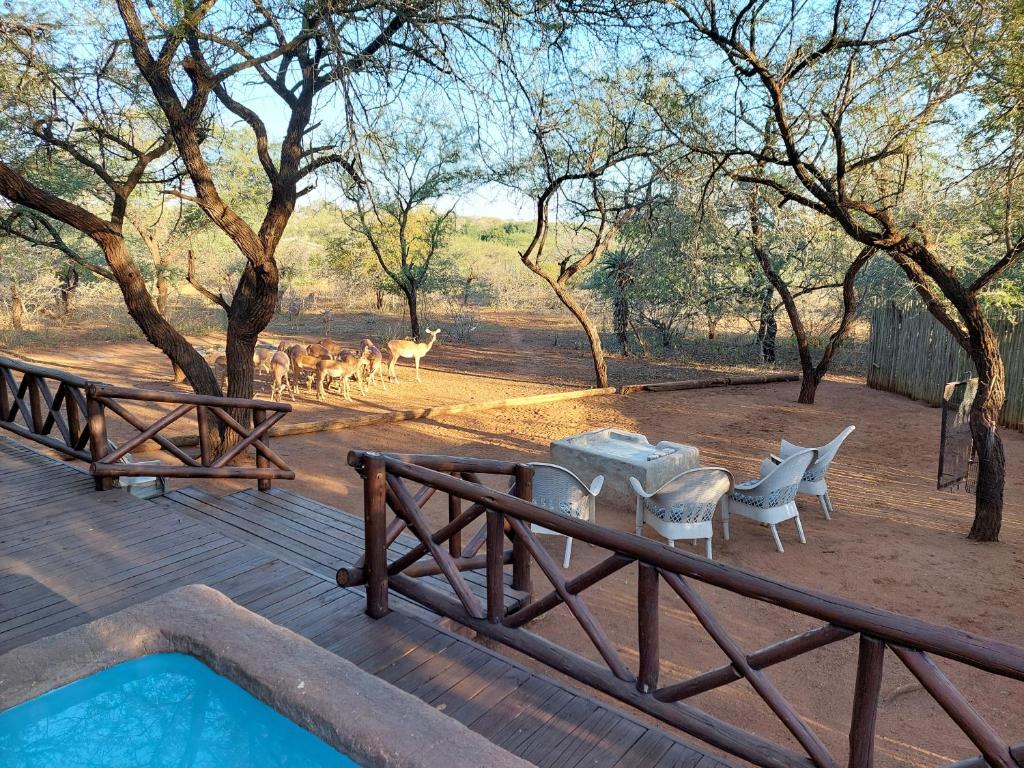 Una terraza con una mesa y sillas y algunos animales. en Khumbula iAfrica 1, en Marloth Park
