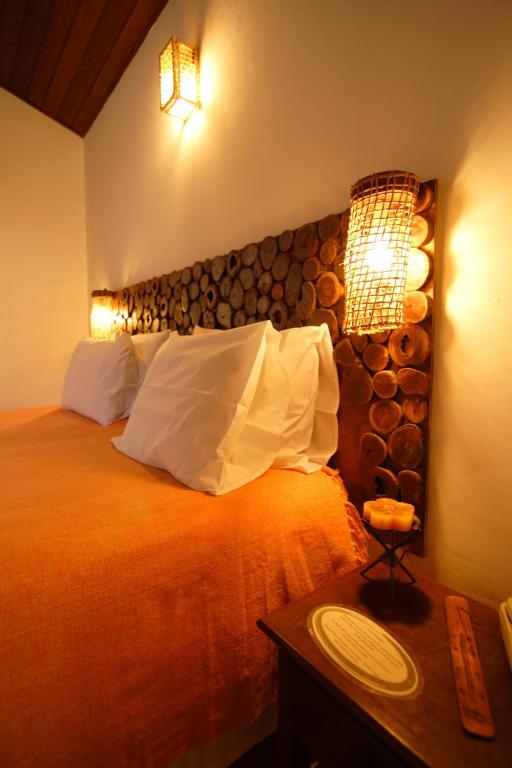 a bedroom with a bed with pillows and a wooden headboard at Pousada Vale das Araras in Cavalcante