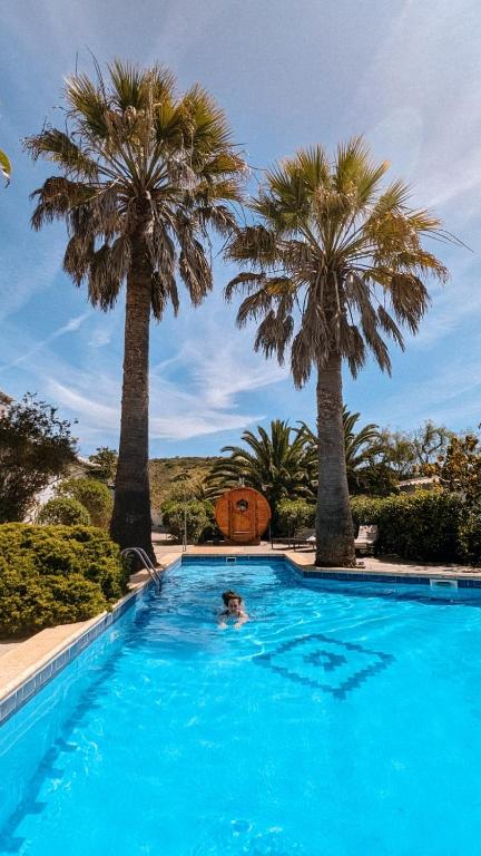 a person in a swimming pool with palm trees at Casa Monki in Raposeira