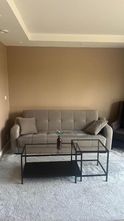 a living room with a couch and a coffee table at Moderne Leilighet med panorama utsikt in Sandefjord